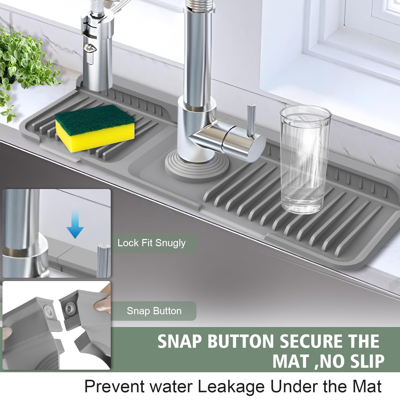 Hugro Tarfive snap-lock fit keeps the mat secure behind the faucet.