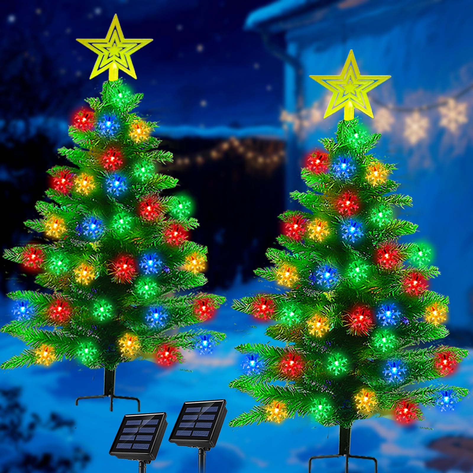 HUGSVIK 2-pack 3.6ft solar Christmas trees illuminate outdoor spaces with snowflake lights