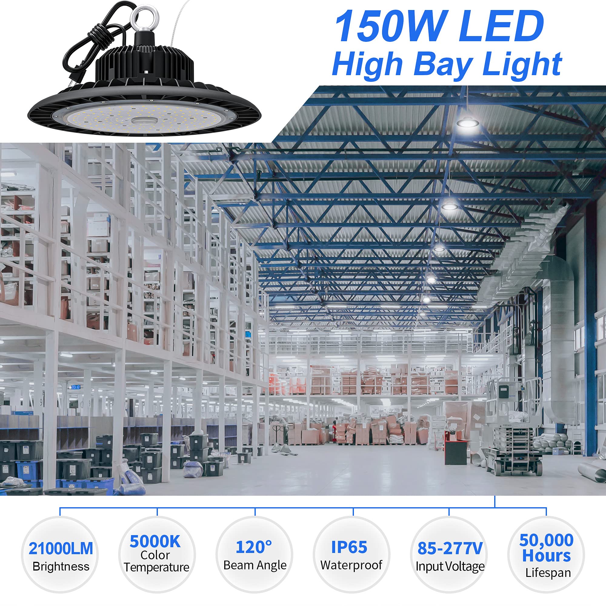 Hugtek High Bay 150W angle view showing wide-area coverage