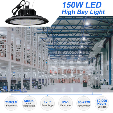 Hugtek High Bay 150W angle view showing wide-area coverage