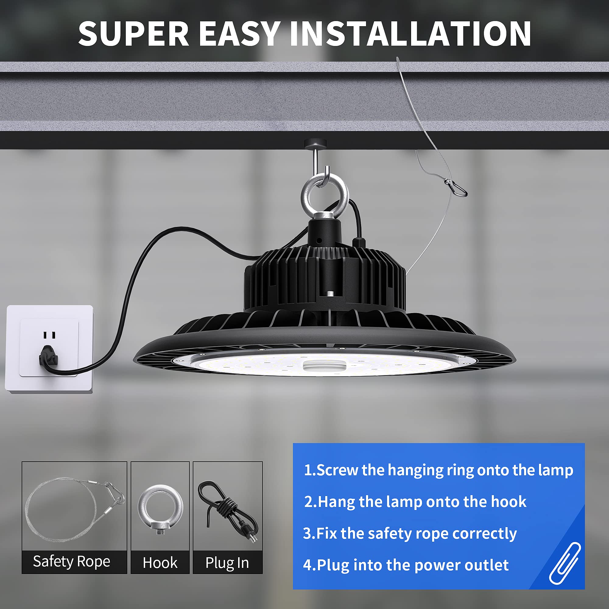 Hugtek High Bay US plug with 5ft cord installed