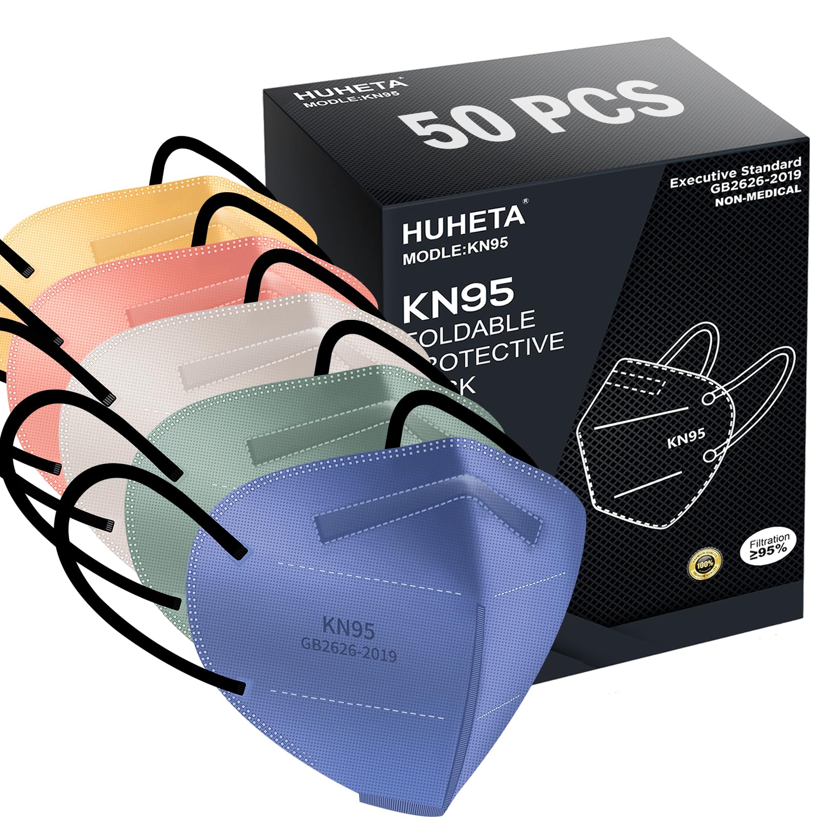 HUHETA KN95 5-ply construction close-up showing layered filtration for daily protection