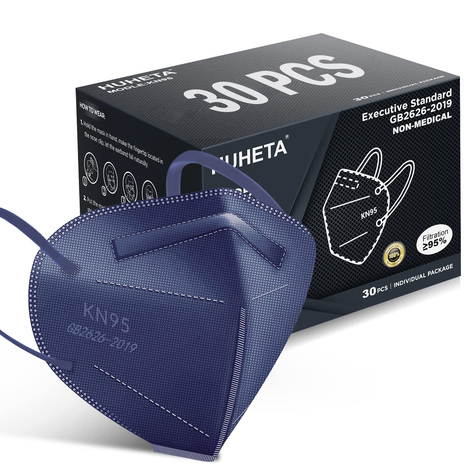 HUHETA KN95 royal blue mask, 30-pack, individually wrapped for portable protection.