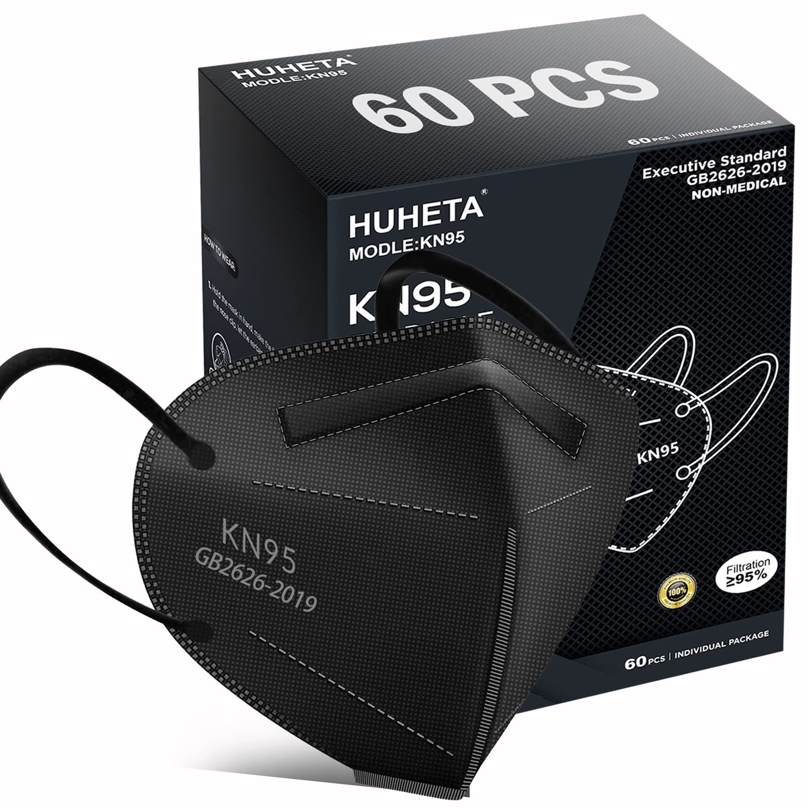HUHETA KN95 mask box of 60 provides convenient, individually wrapped protection for daily activities.