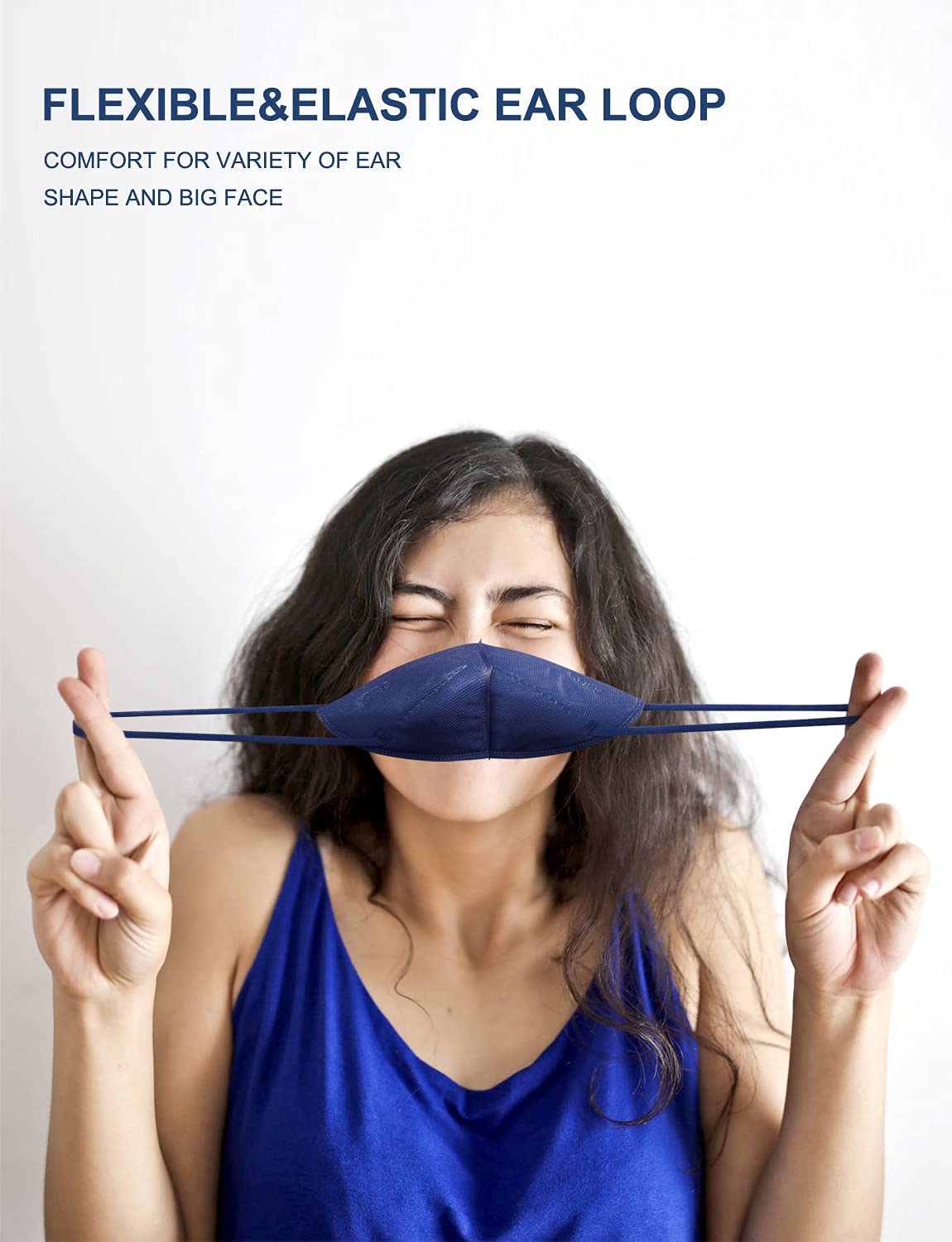 HUHETA KN95 royal blue mask featuring adjustable ear loops for comfortable wear.