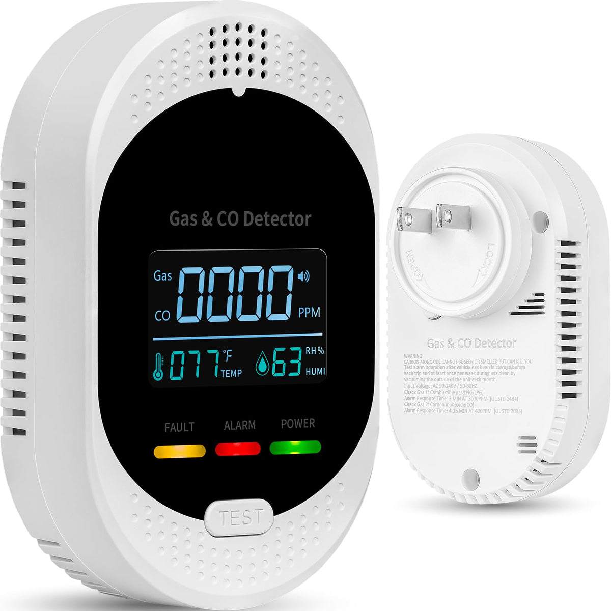 HuiDeonne 4-in-1 CO and gas detector front view with quick safety alerts.