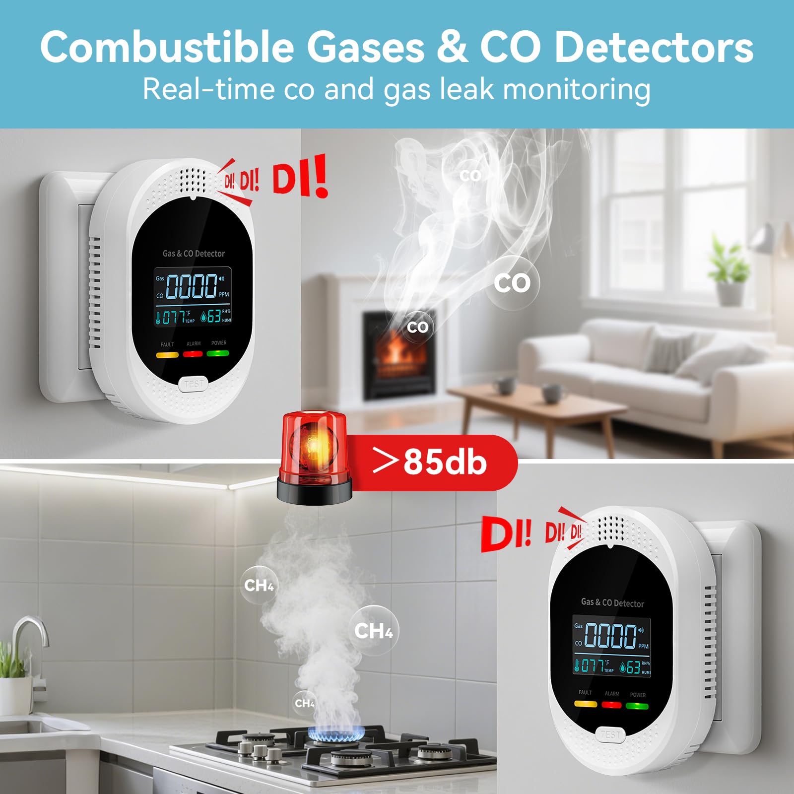 HuiDeonne detector with LED display shows CO, gas, temperature, humidity.