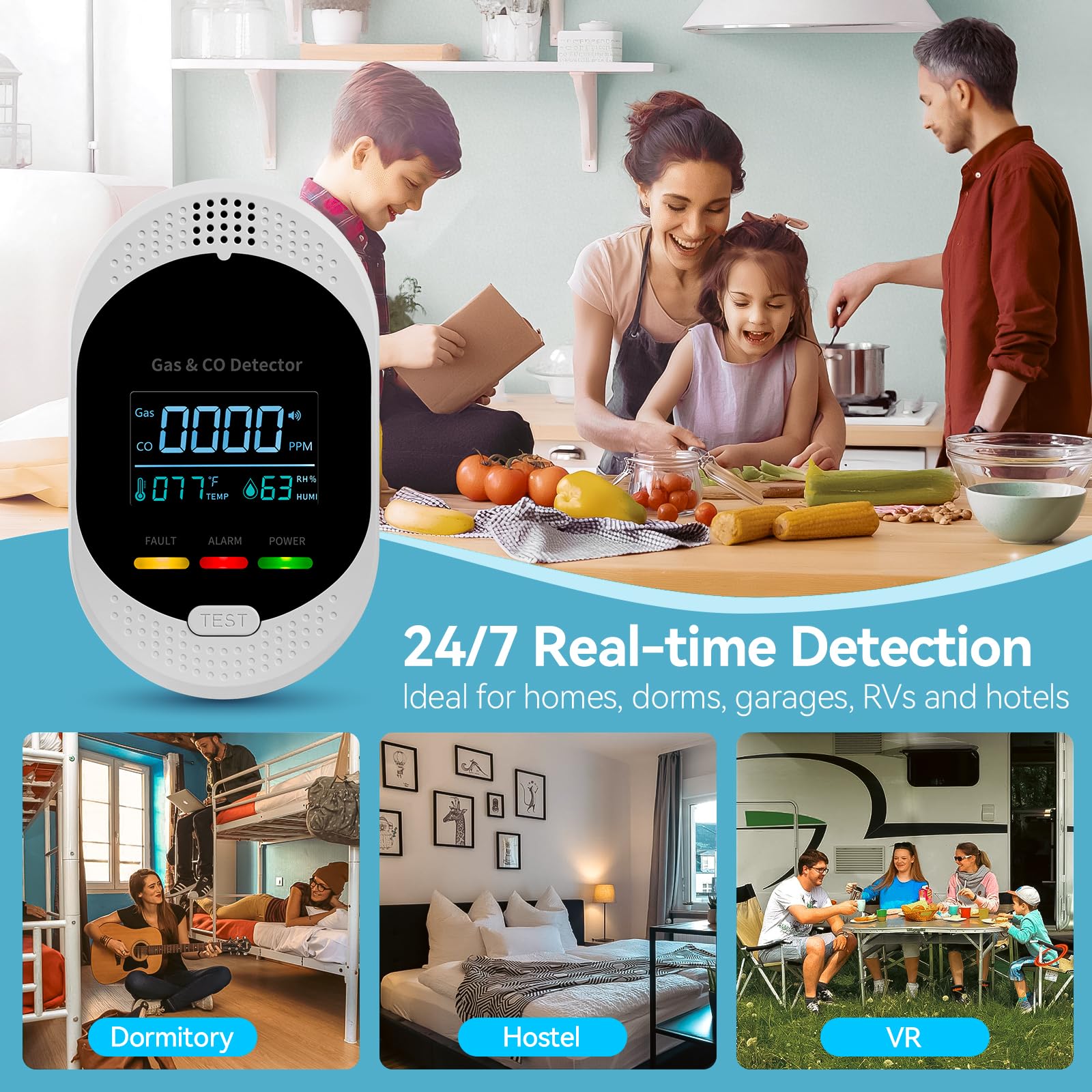 HuiDeonne LCD reads CO, gas levels, temperature, and humidity in real time.