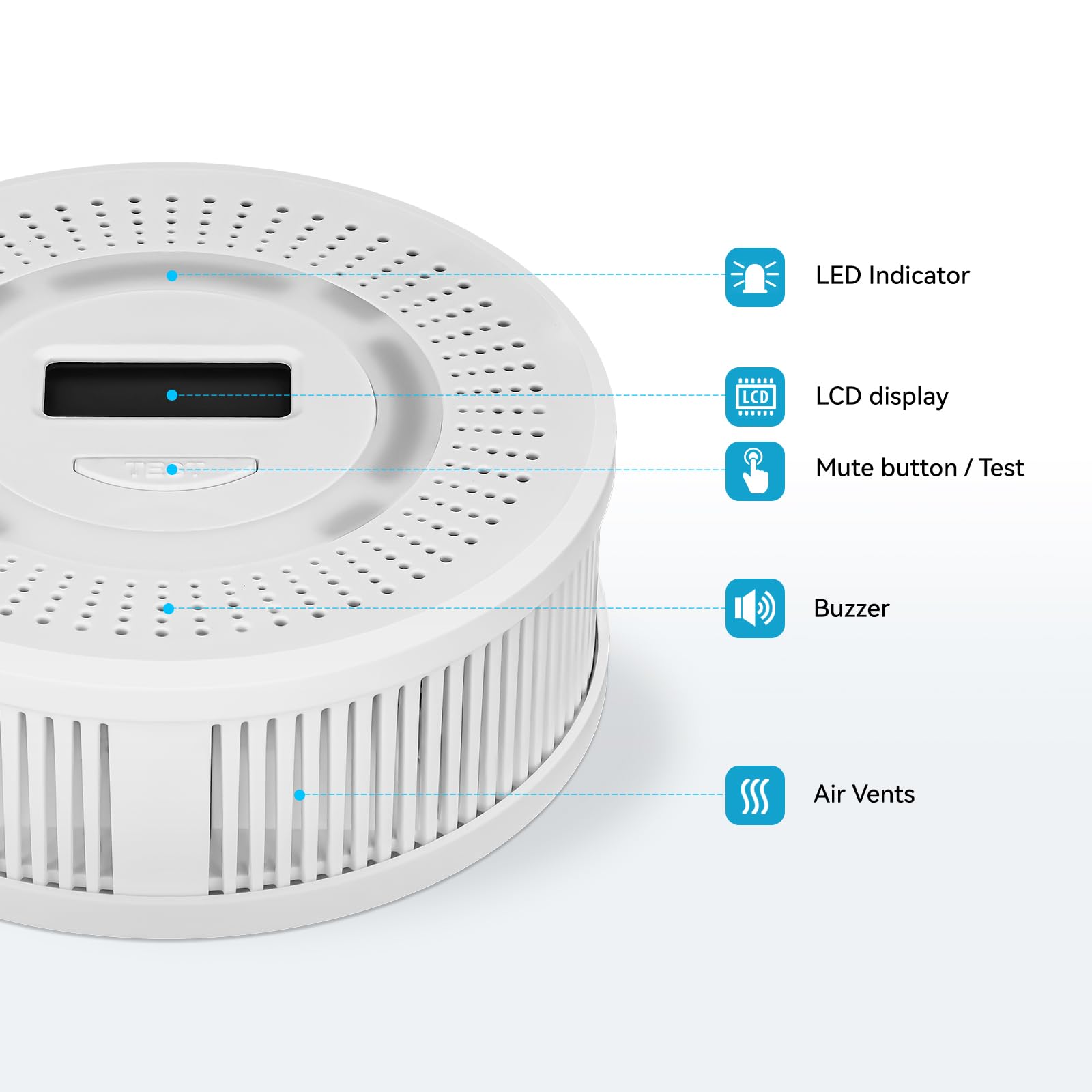 HuiDeonne 85 dB alarm provides rapid alert for smoke or CO.
