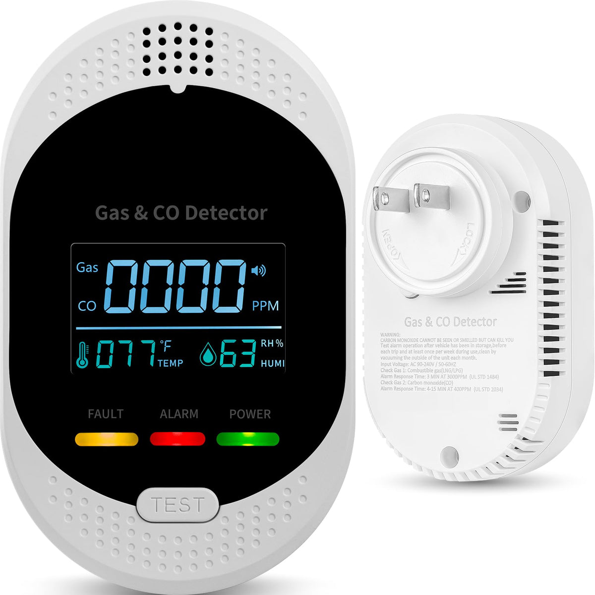 HuiDeonne plug-in CO detector front view for compact home safety