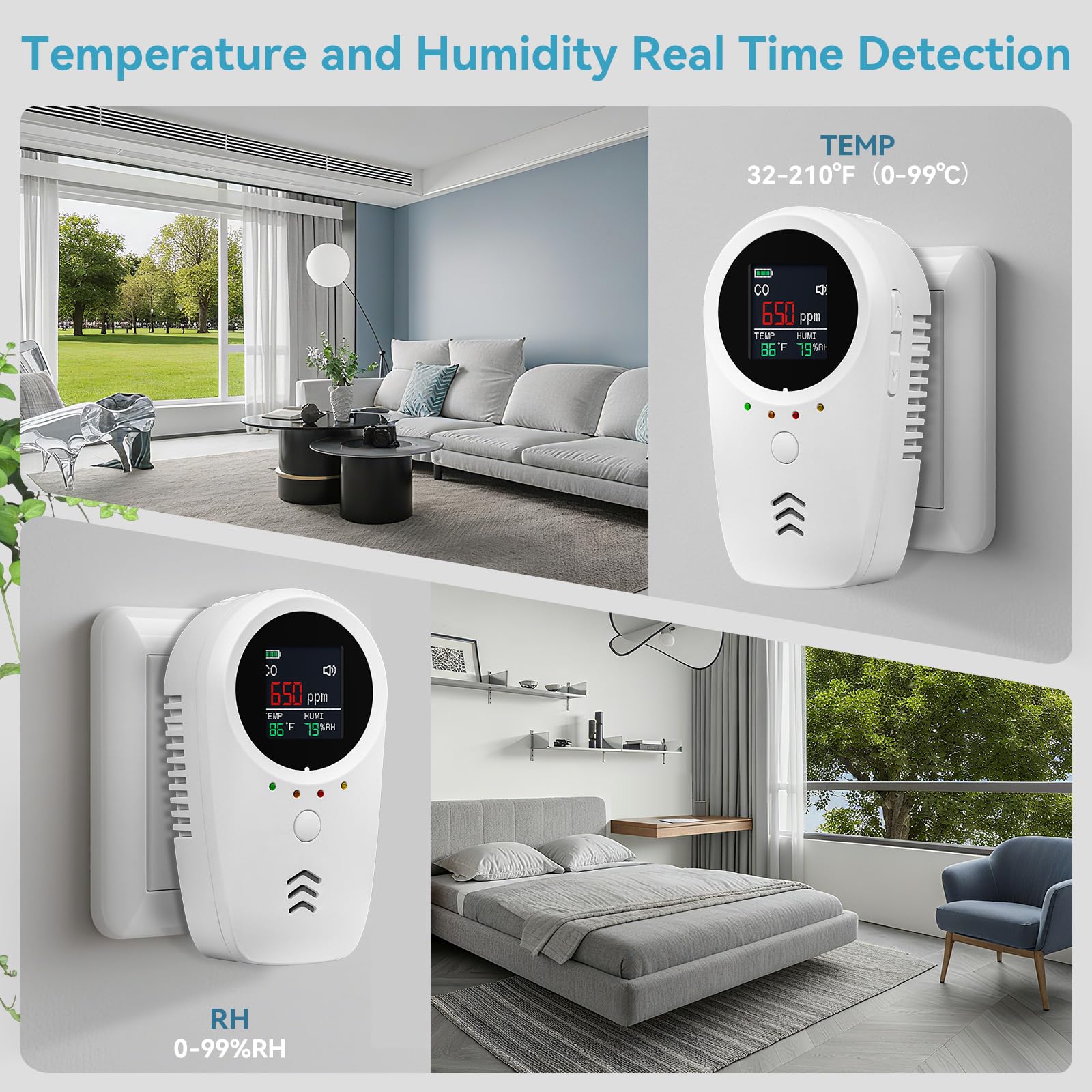HuiDeonne real-time LCD displays CO, gas, temperature, and humidity readings.