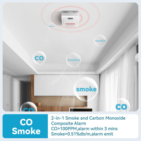 HuiDeonne smoke and CO detector digital display shows real-time status.