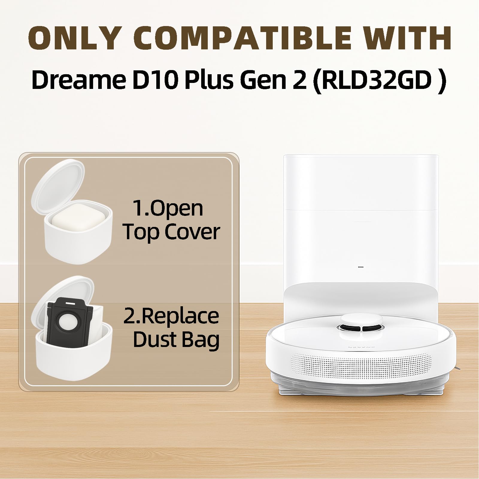 Huizhen Dreame D10 Plus compatible bag demonstrates secure fit for Auto-Empty Station.