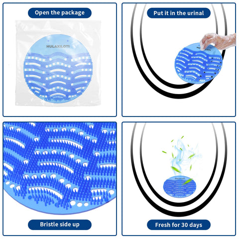 HULAXILOTI urinal screens shown in a public restroom setup in an airport or hotel.