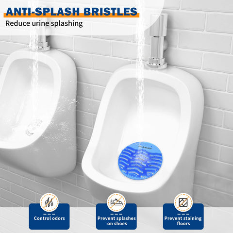 Close-up of splash-guard bristles on HULAXILOTI urinal screen reducing spray.
