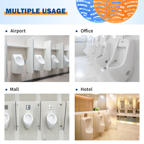 HULAXILOTI 50-pack urinal screens in orange and blue for easy restocking.