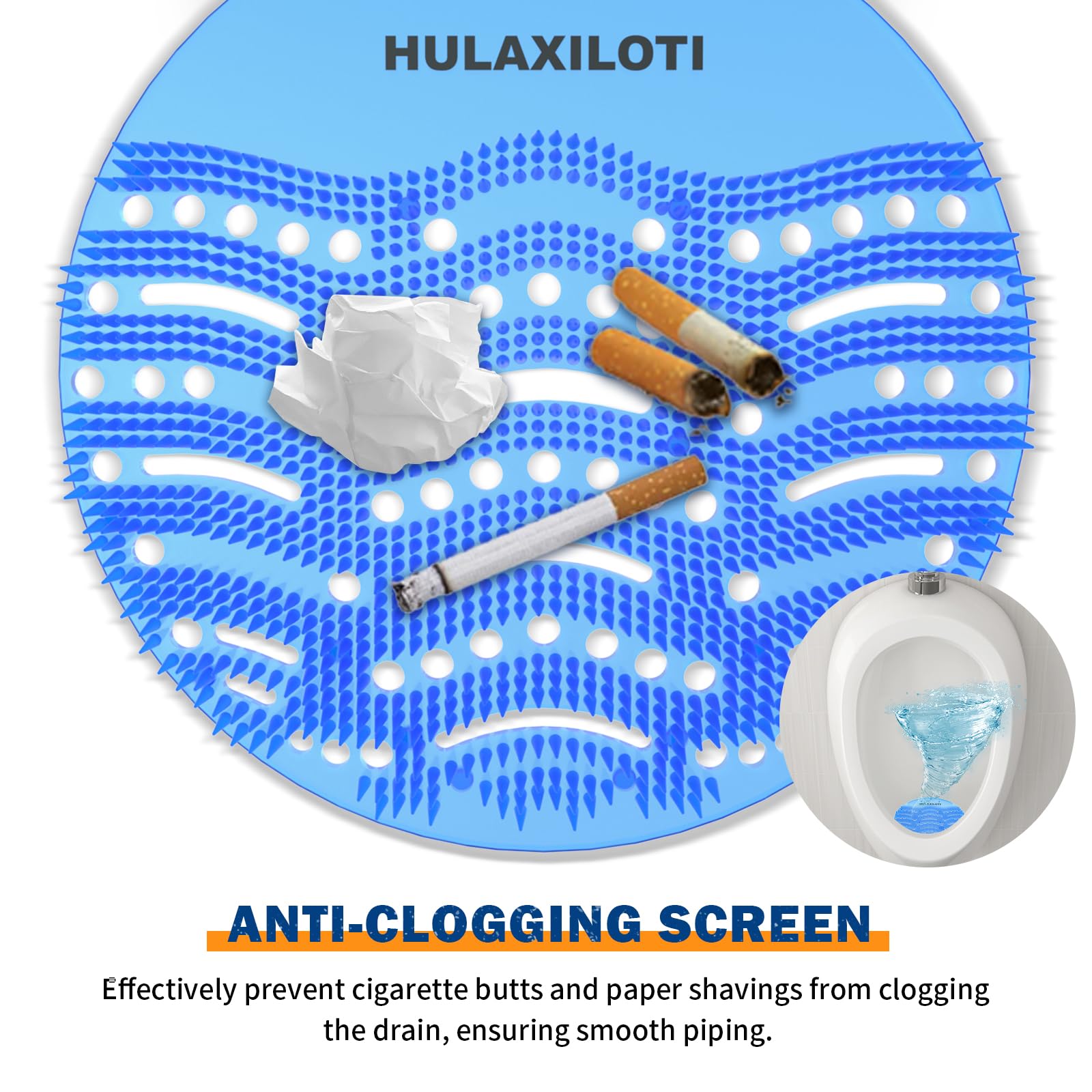 Easy-installation view of HULAXILOTI urinal screen on the drain bristles up.