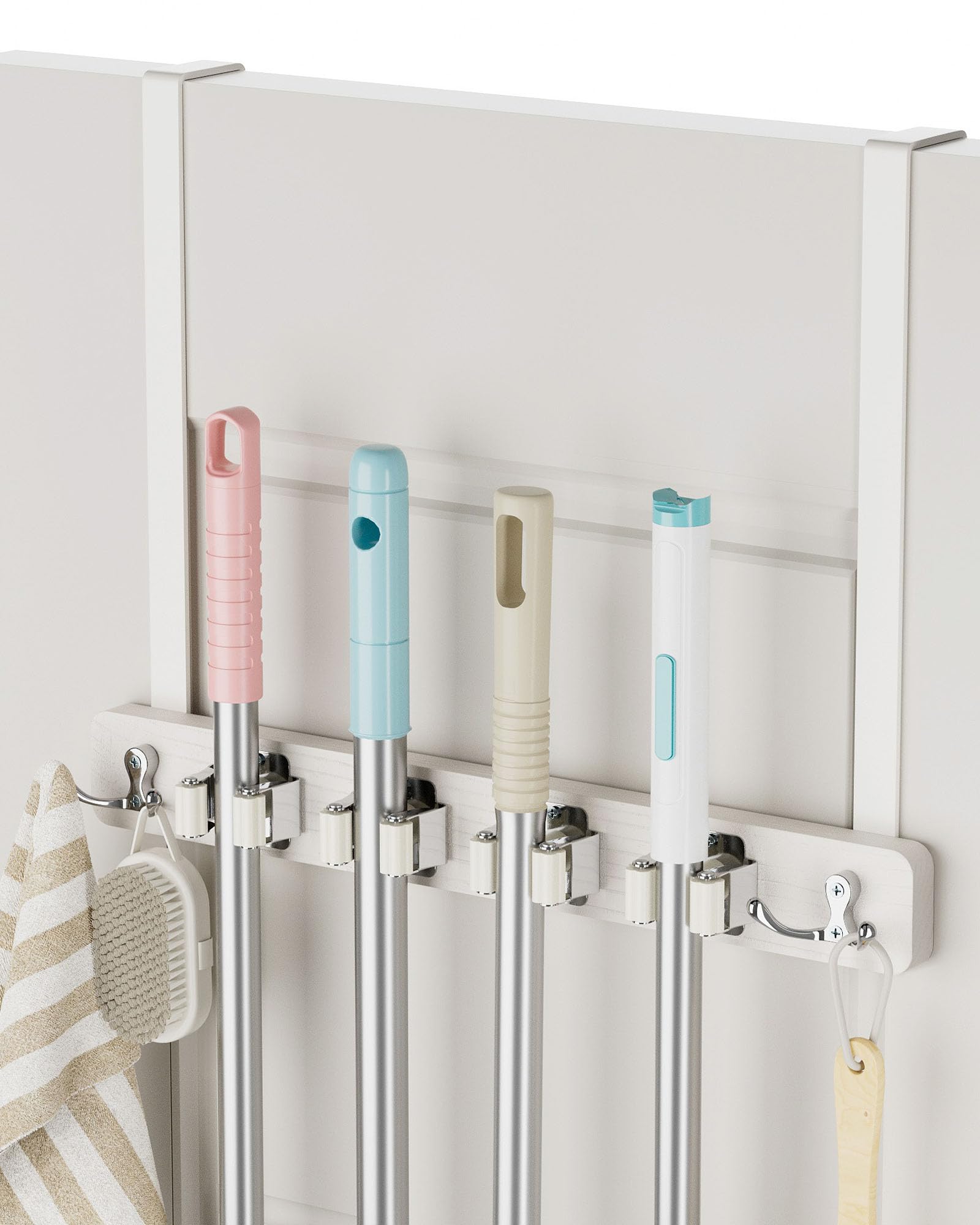 HULISEN broom holder over the door keeps cleaning tools organized and within reach.