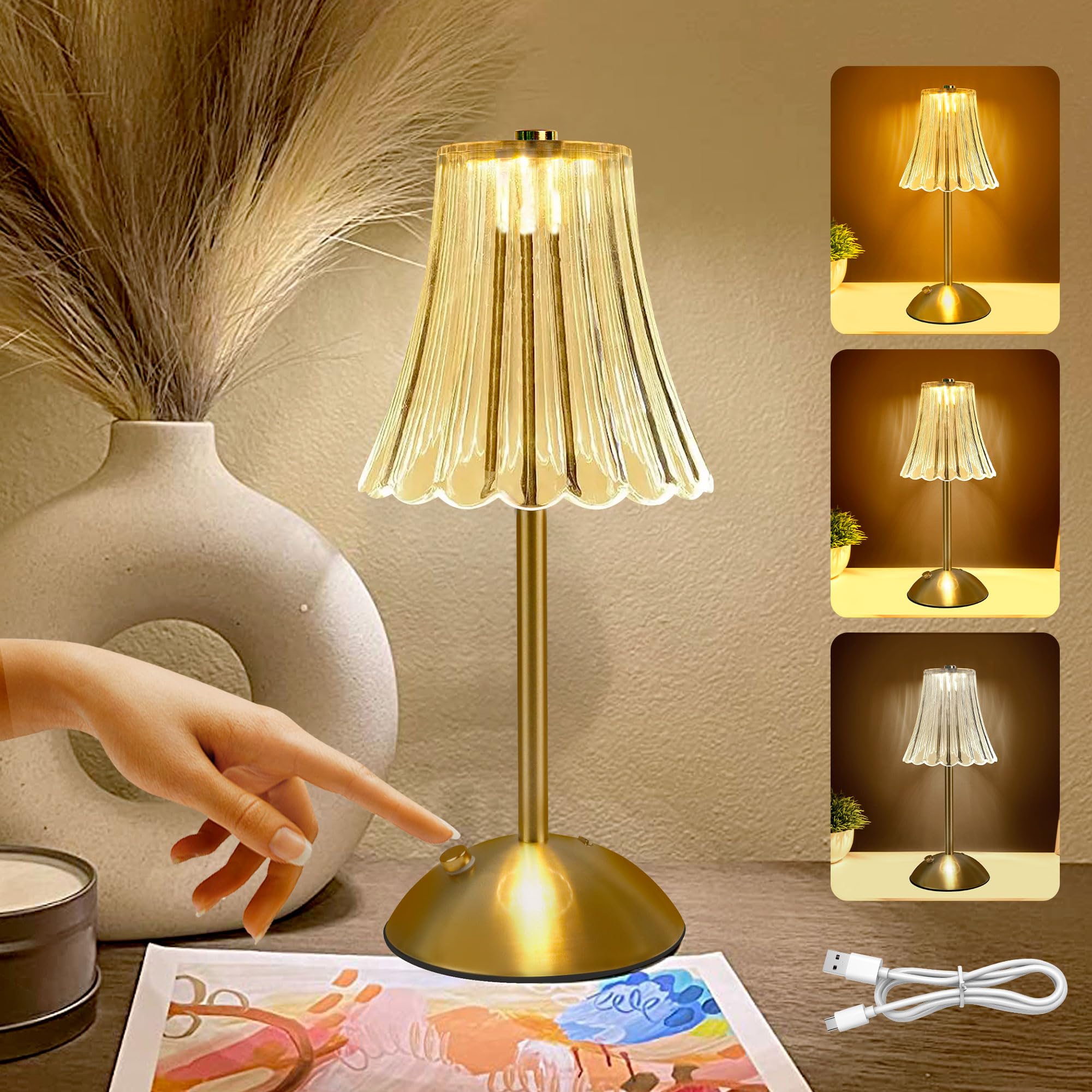 HULKNPE cordless crystal table lamp with gold finish for elegant bedside lighting.