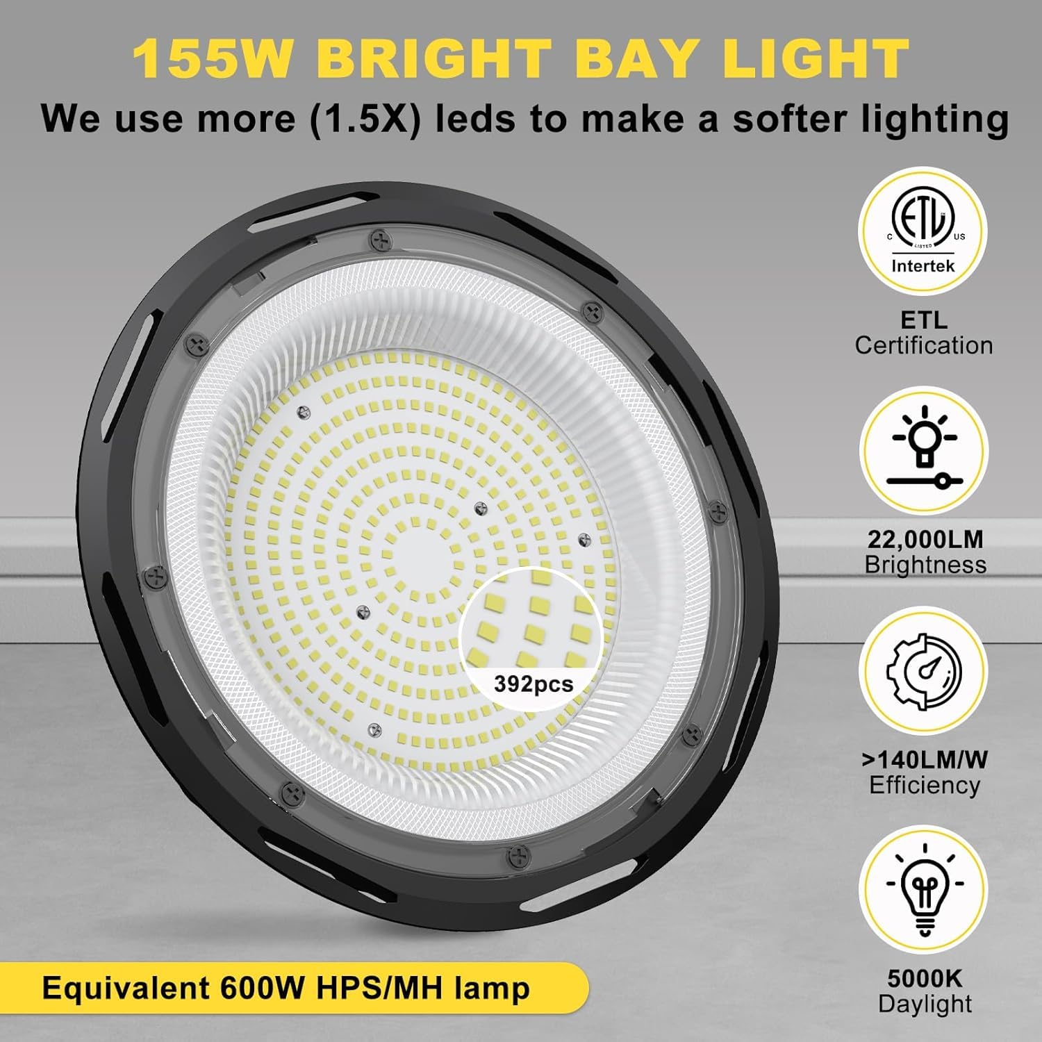 hunhun 155W UFO high bay light side view showing uniform beam for garages