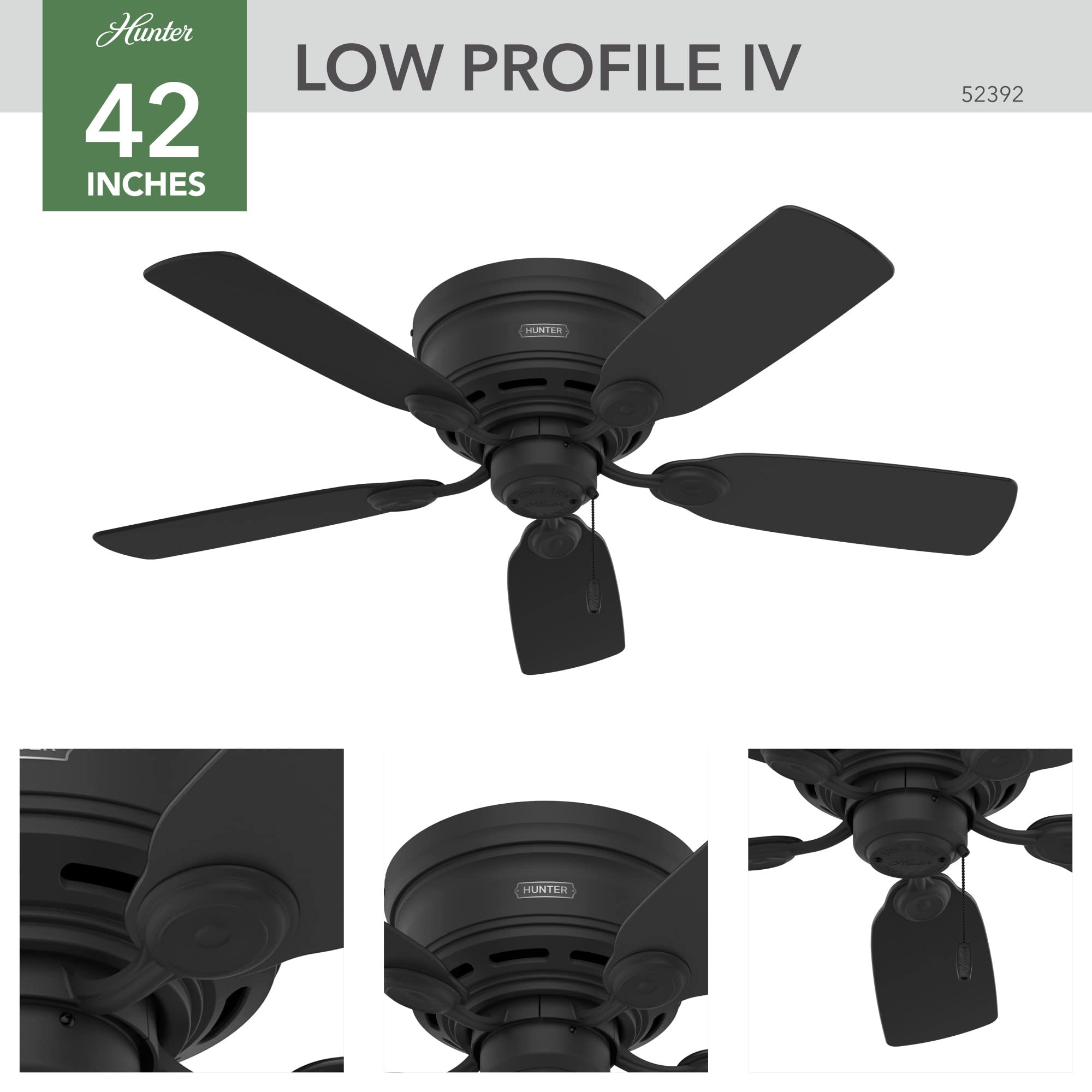 Hunter 42-inch indoor ceiling fan no light, side view highlighting slim flush mount