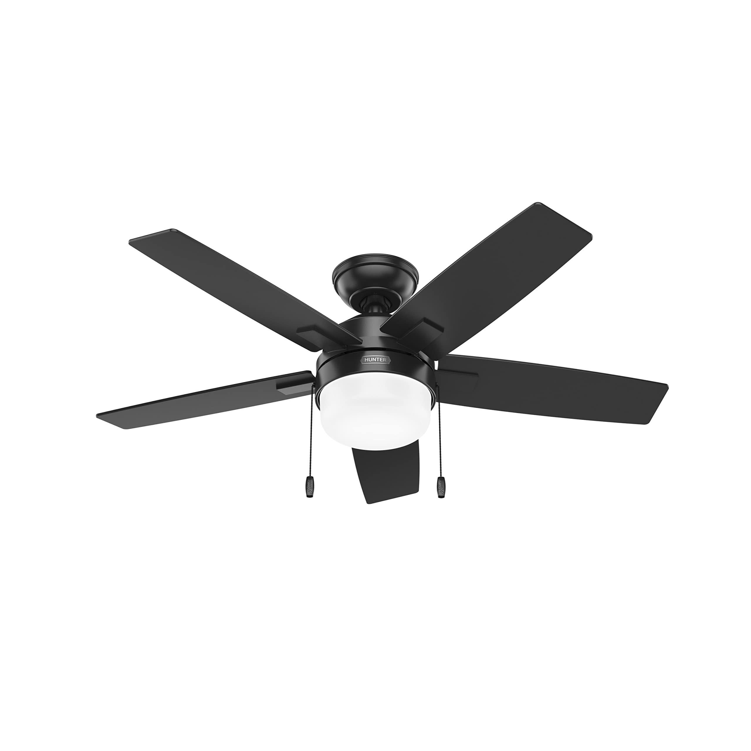 Hunter Anisten 44-inch ceiling fan in matte black over a living room for spacious airflow.