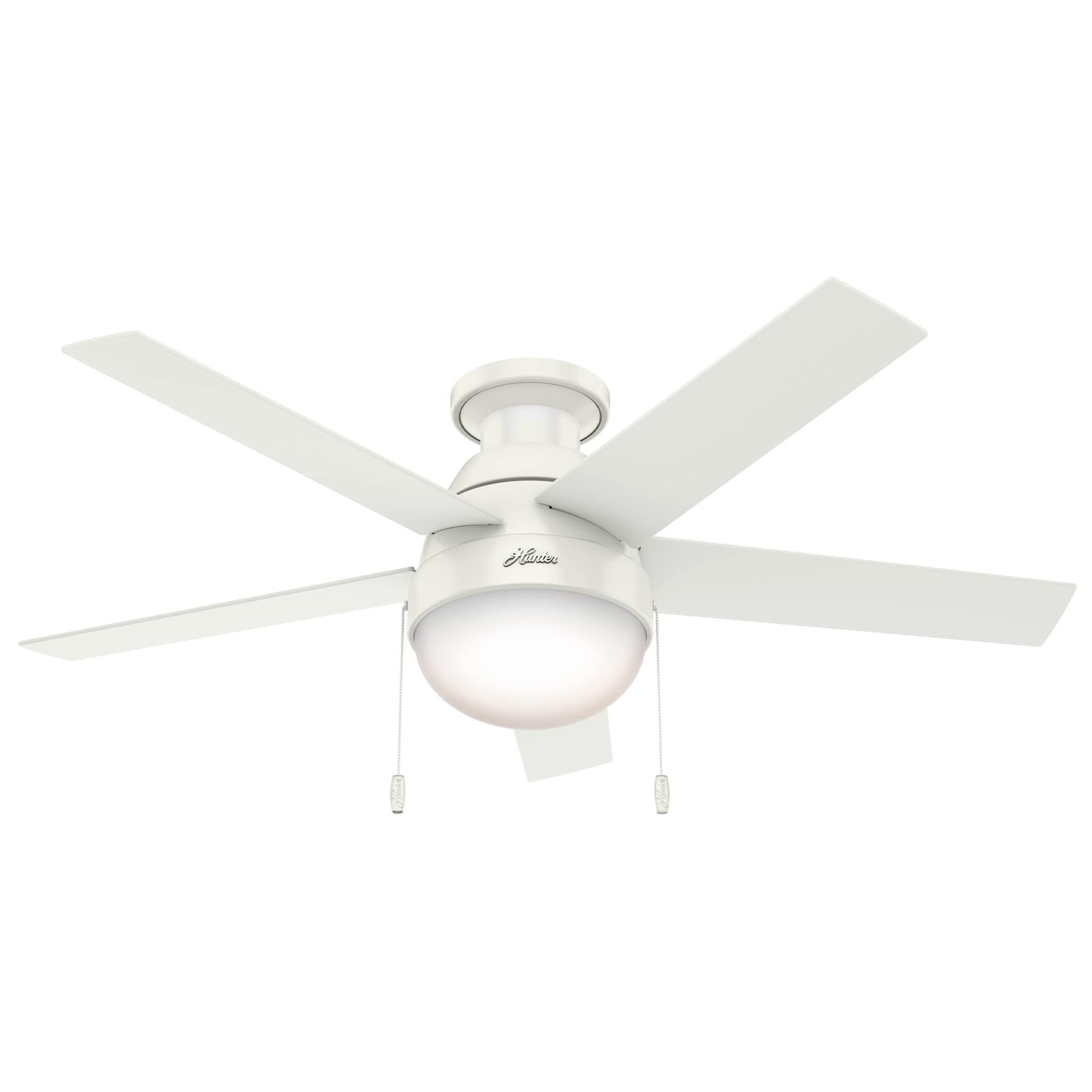 Hunter Anslee 46 inch ceiling fan with LED light in white finish for bright, quiet cooling.