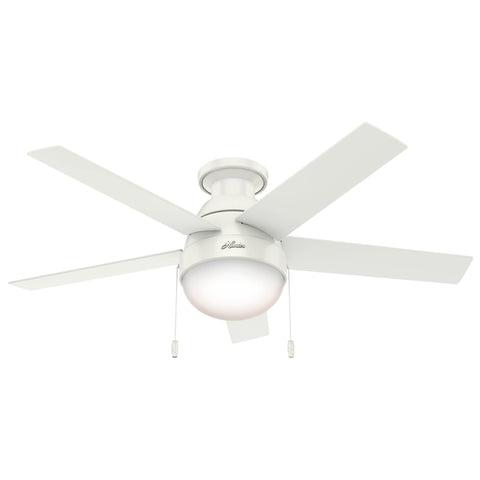 Hunter Anslee 46 inch ceiling fan with LED light in white finish for bright, quiet cooling.