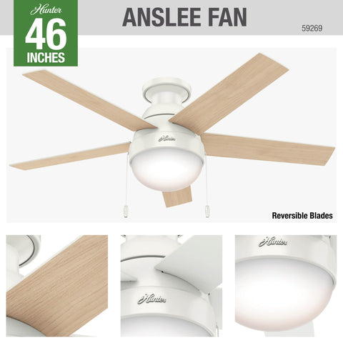 White finish Hunter Anslee ceiling fan adds modern style and efficient air circulation.