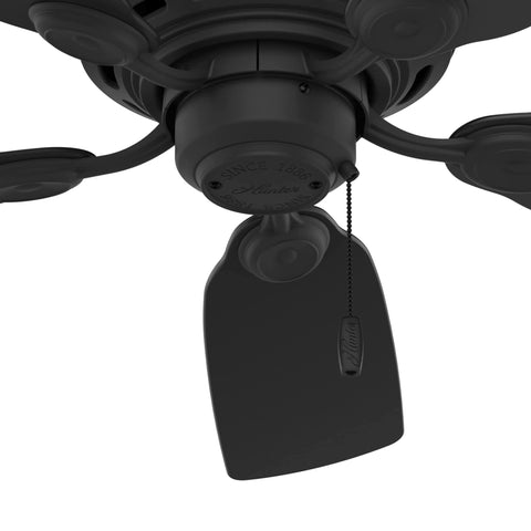 Bedroom setup with Hunter matte black ceiling fan