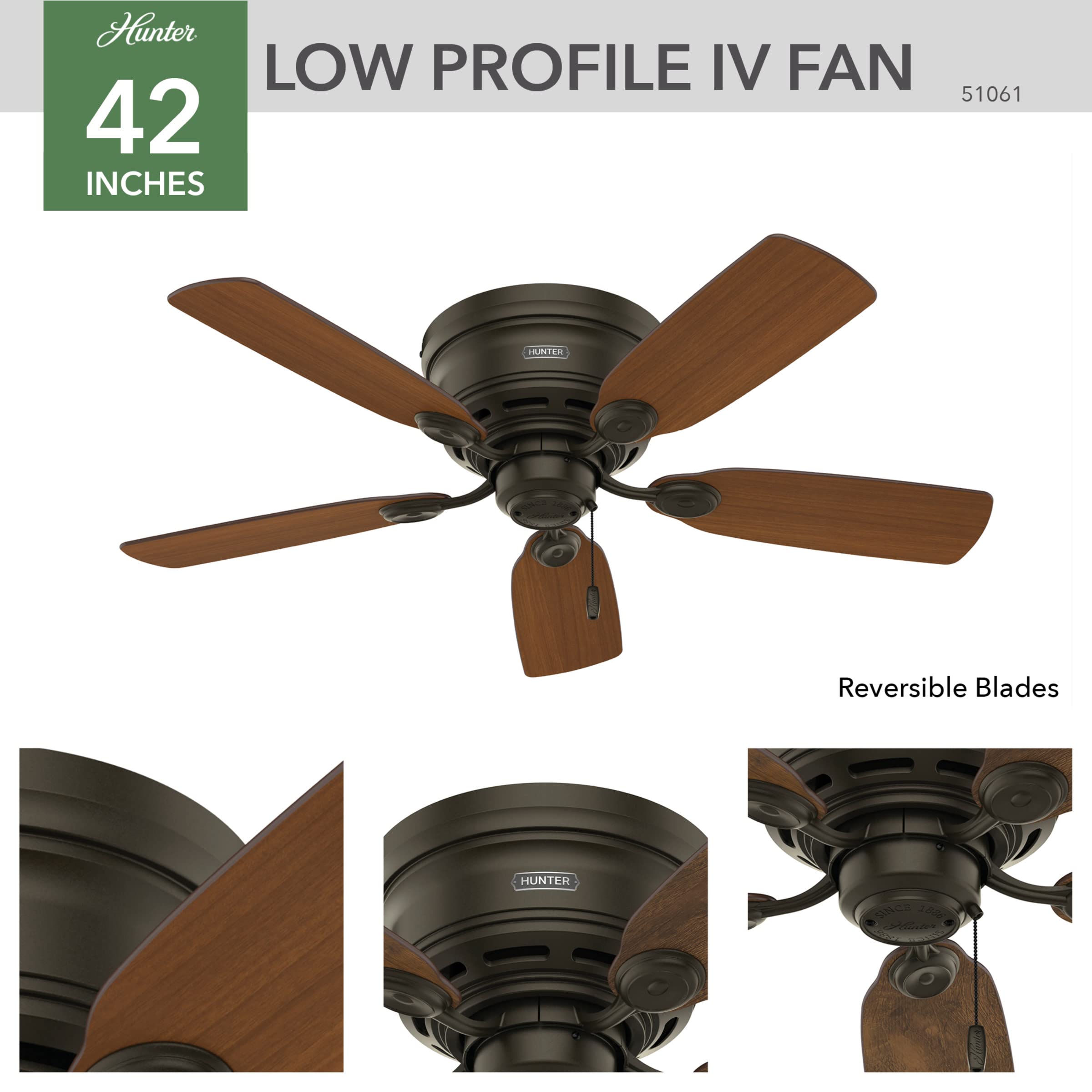 Hunter bronze hugger mount ceiling fan installed close to ceiling, saving space.