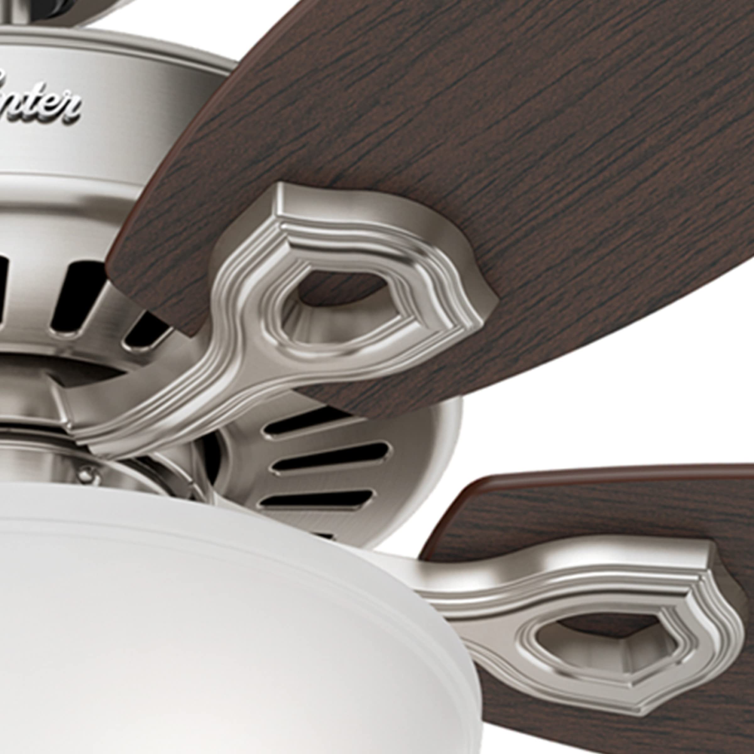 Close-up of the brushed nickel finish on Hunter Builder Deluxe fixture.