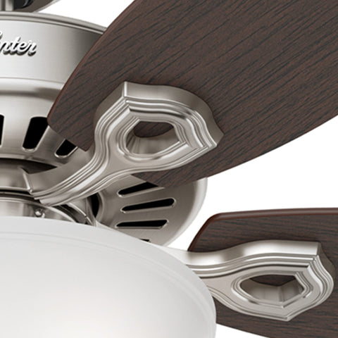 Close-up of the brushed nickel finish on Hunter Builder Deluxe fixture.