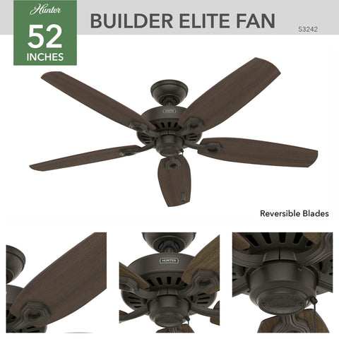 Hunter Builder Elite 52-inch bronze fan side-angle showing classic design.