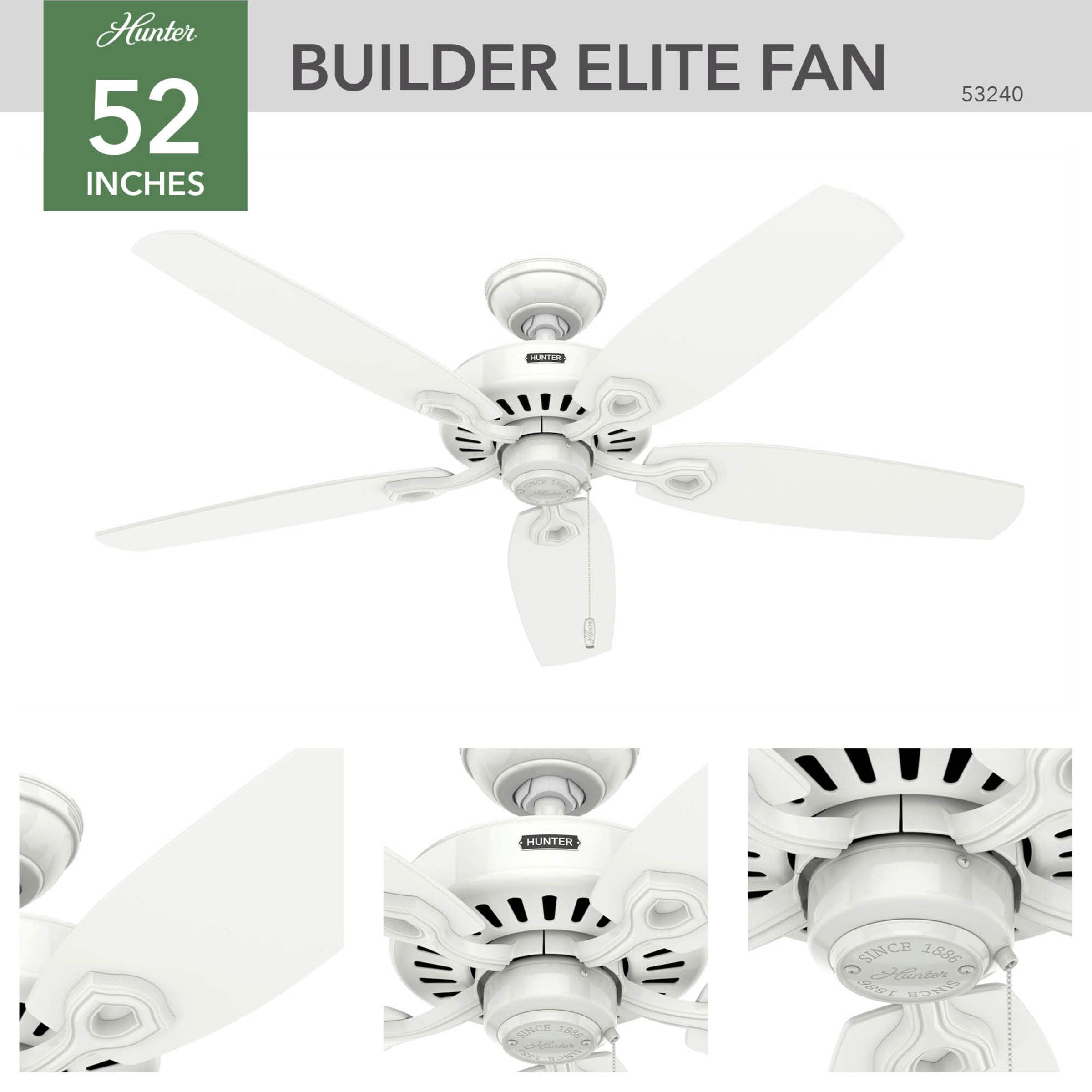 Hunter Builder Elite 52in white blade-profile on clean ceiling look.