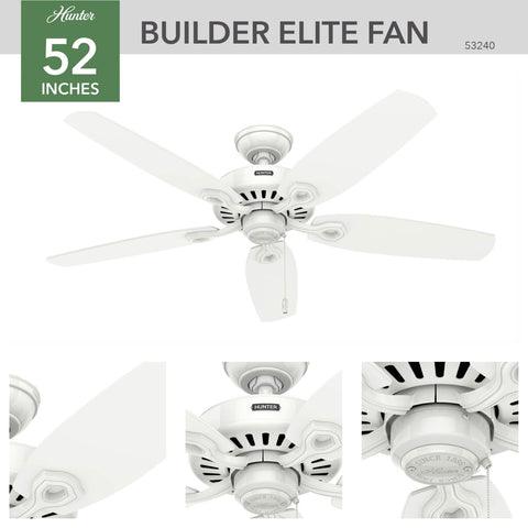 Hunter Builder Elite 52in white blade-profile on clean ceiling look.