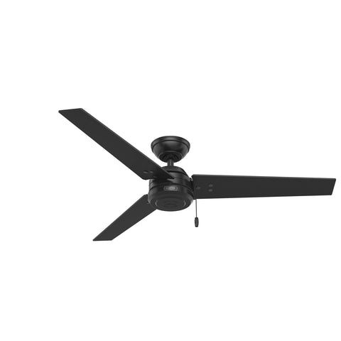 Hunter Cassius 52-inch damp-rated ceiling fan in matte black for outdoor and indoor spaces.