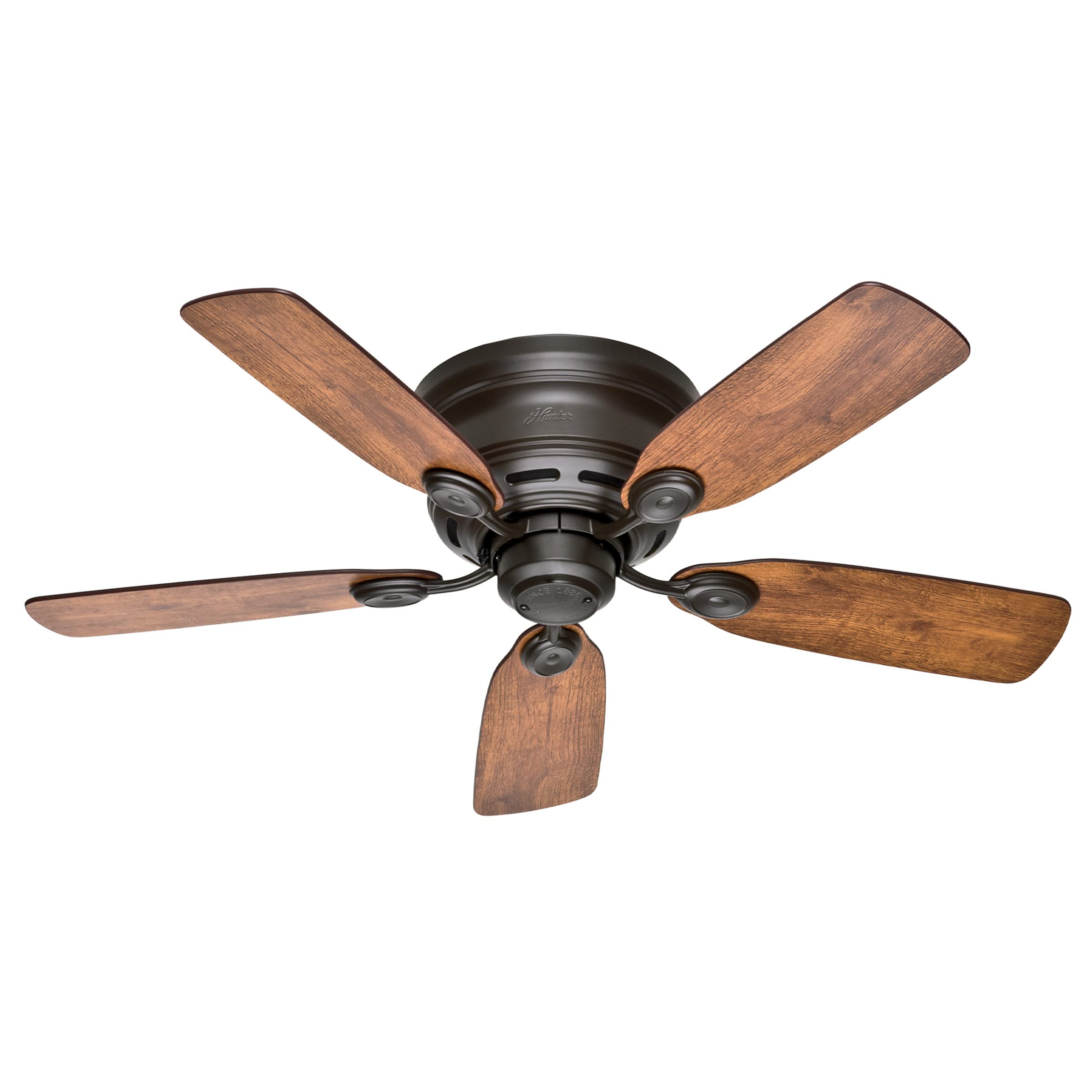 Hunter low-profile bronze ceiling fan front view for compact rooms.