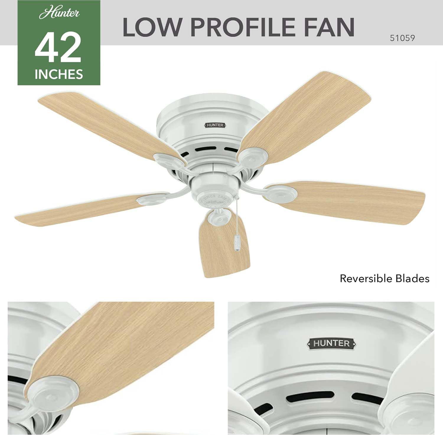 Hunter Low Profile IV 51059 white blades create a timeless room look.