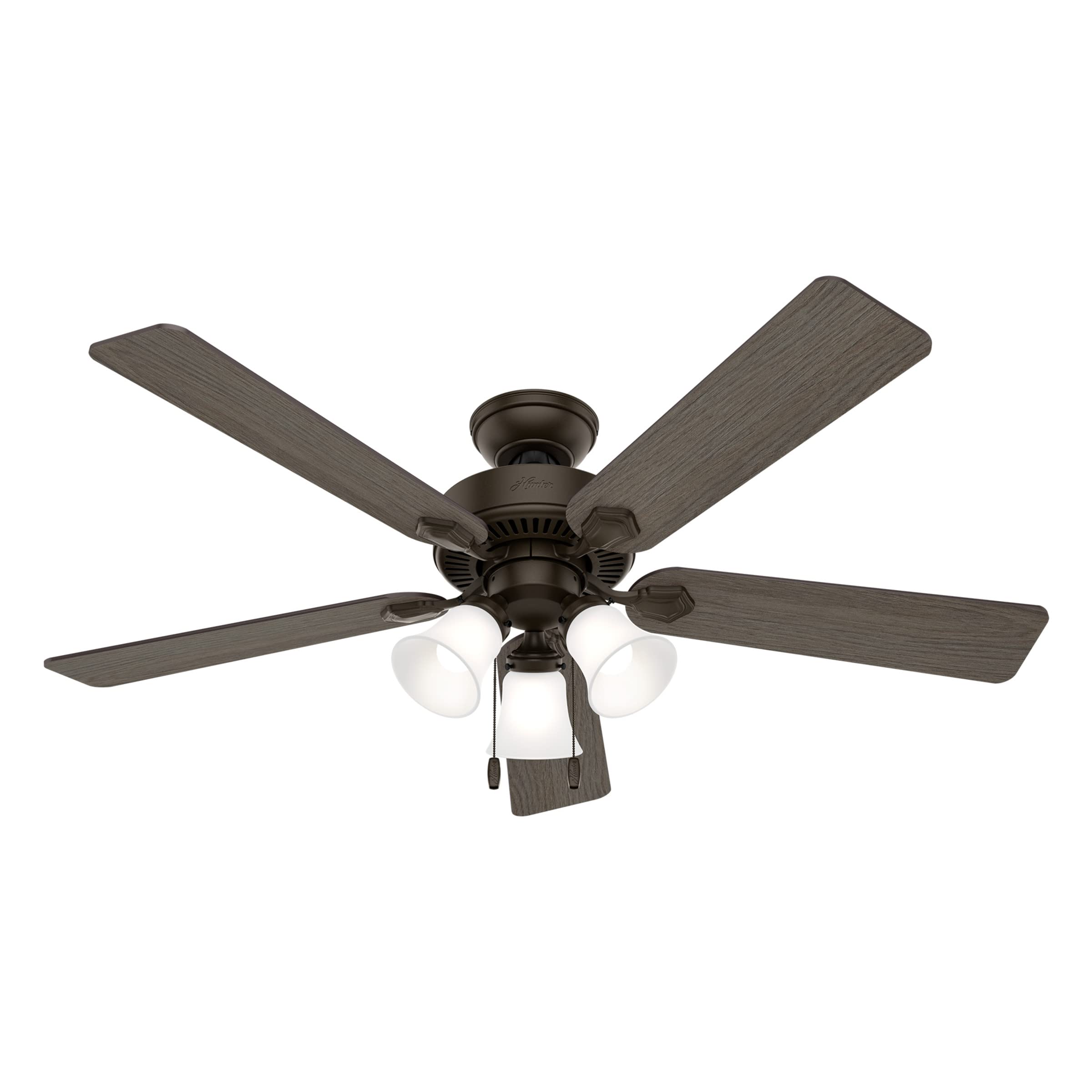 Hunter Swanson dining area ambiance with ceiling fan and lights.