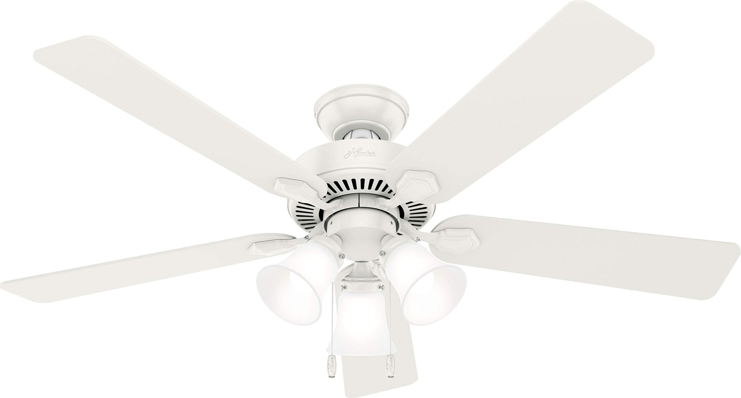 Hunter Swanson 52-inch ceiling fan with LED light kit for quiet living room comfort.