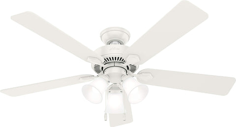 Hunter Swanson 52-inch ceiling fan with LED light kit for quiet living room comfort.