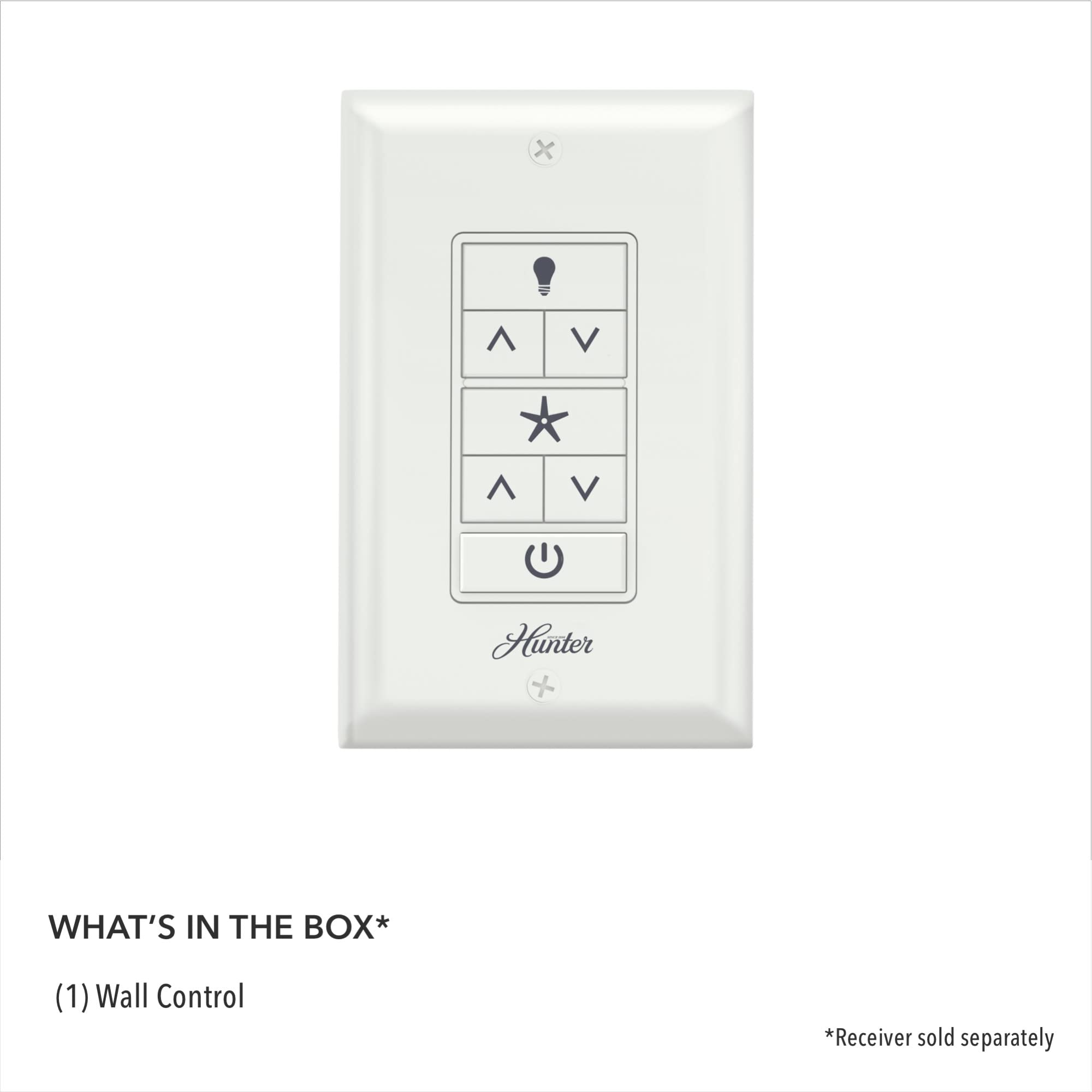 Compact white wall control showing dimming function for lights