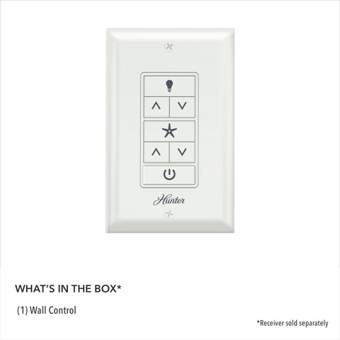 Compact white wall control showing dimming function for lights