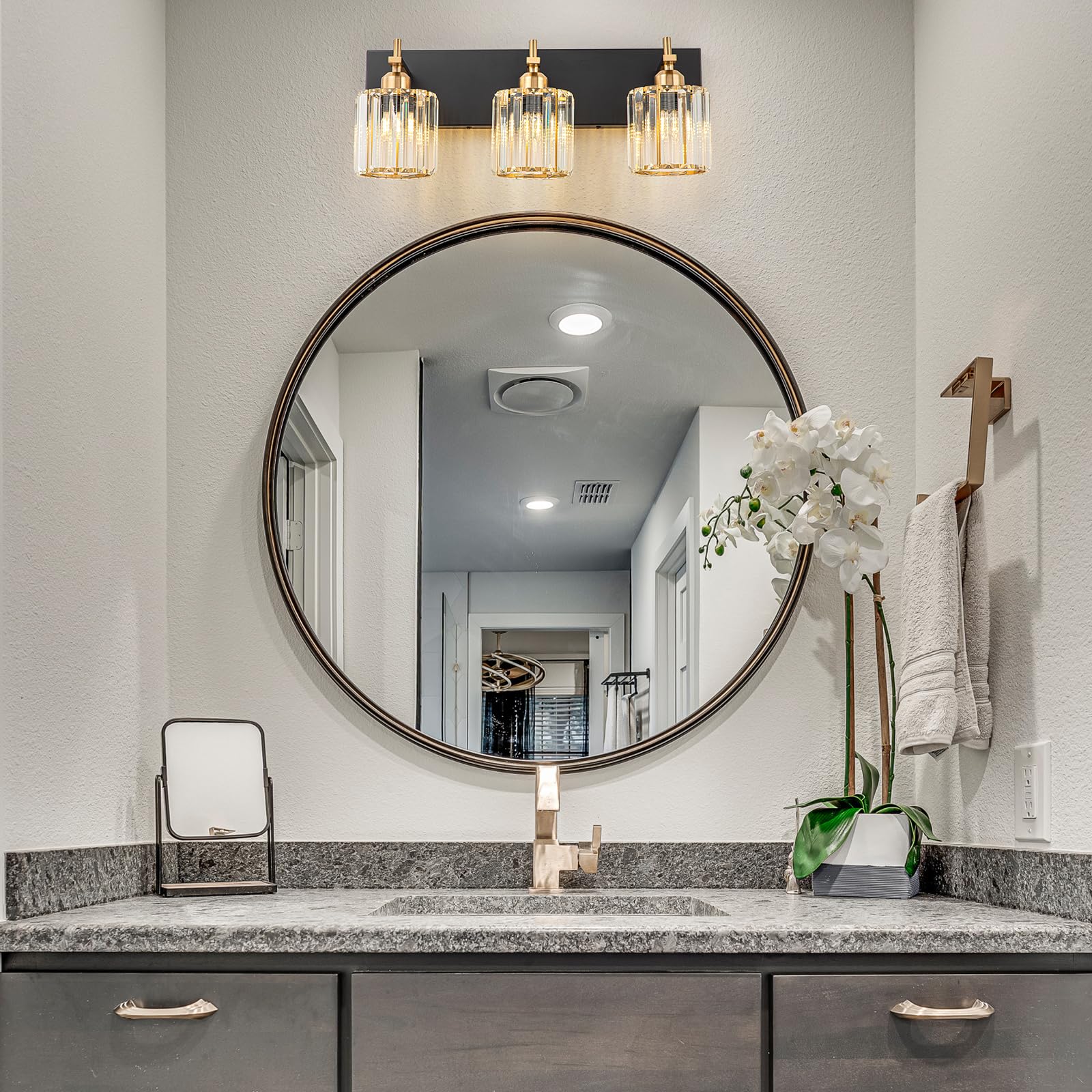 Close-up of K9 crystal shade for clear sparkle and refined bathroom ambience.