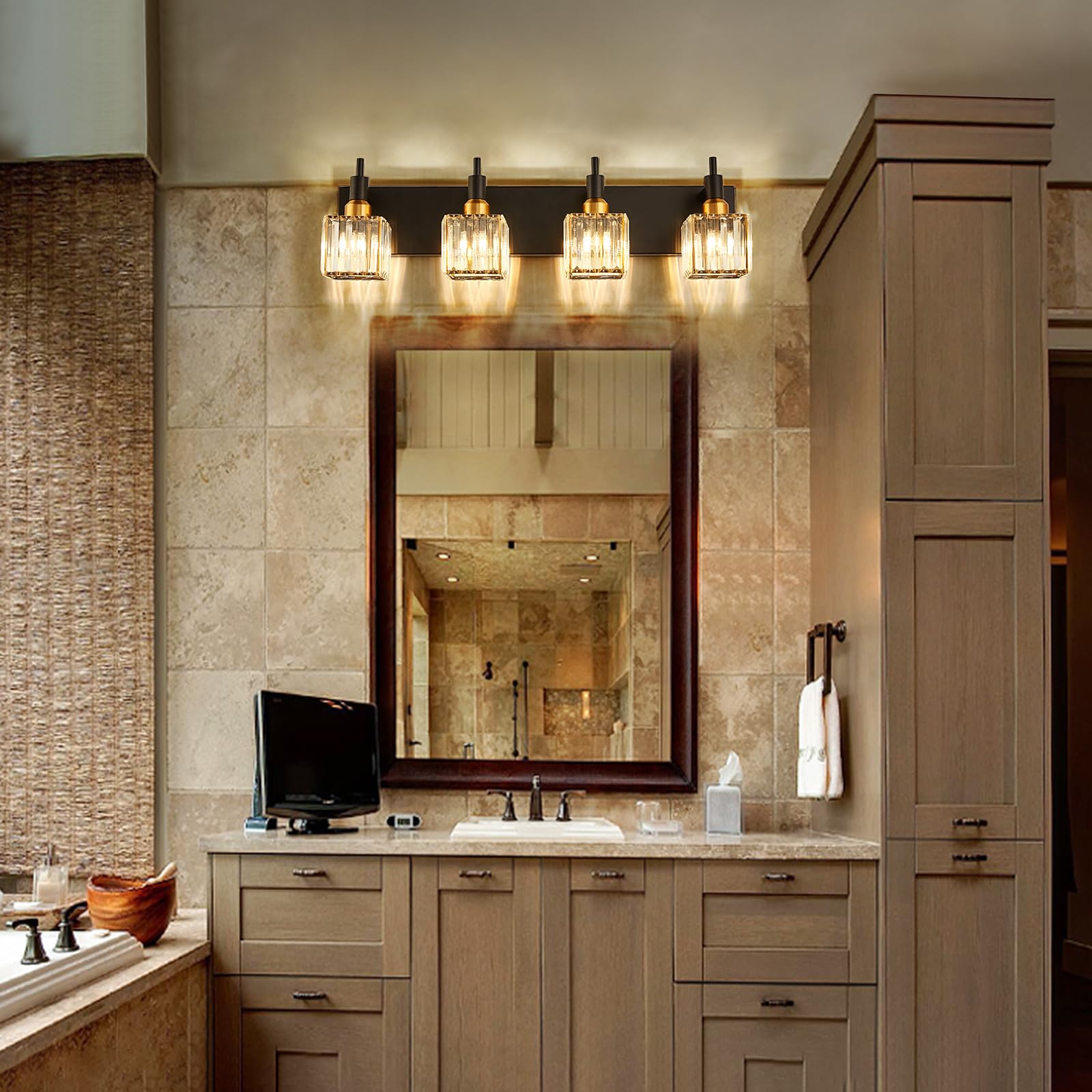 HUOKU Brass modern crystal vanity light closeup showing durable finish and sparkle