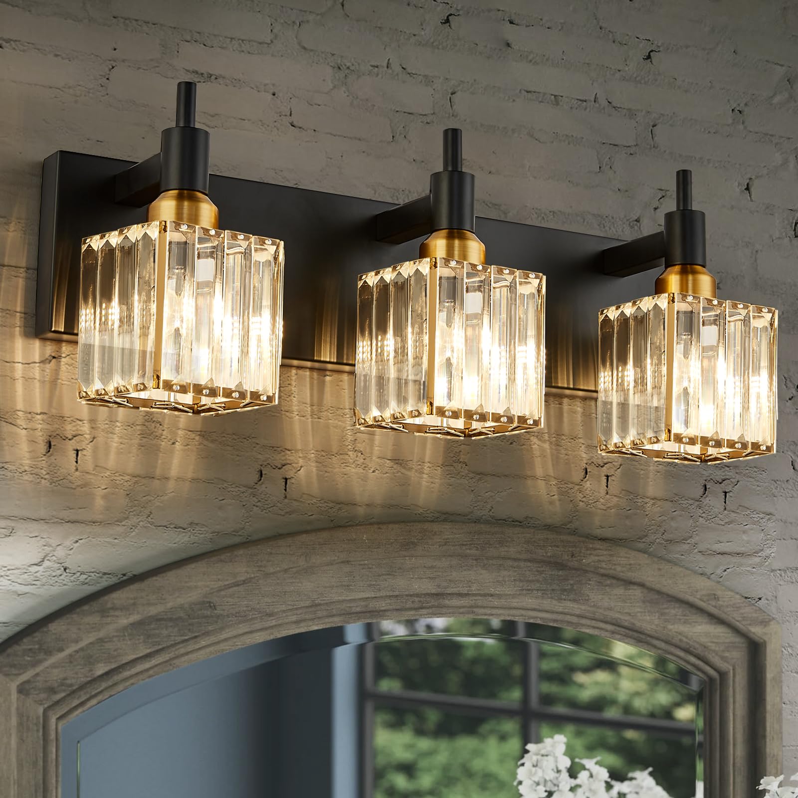 HUOKU crystal vanity light above mirror with brass accents for refined radiance