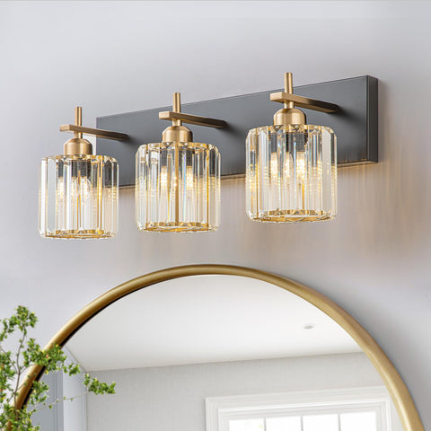 HUOKU modern crystal vanity light over mirror with polished gold finish for elegant makeup illumination.