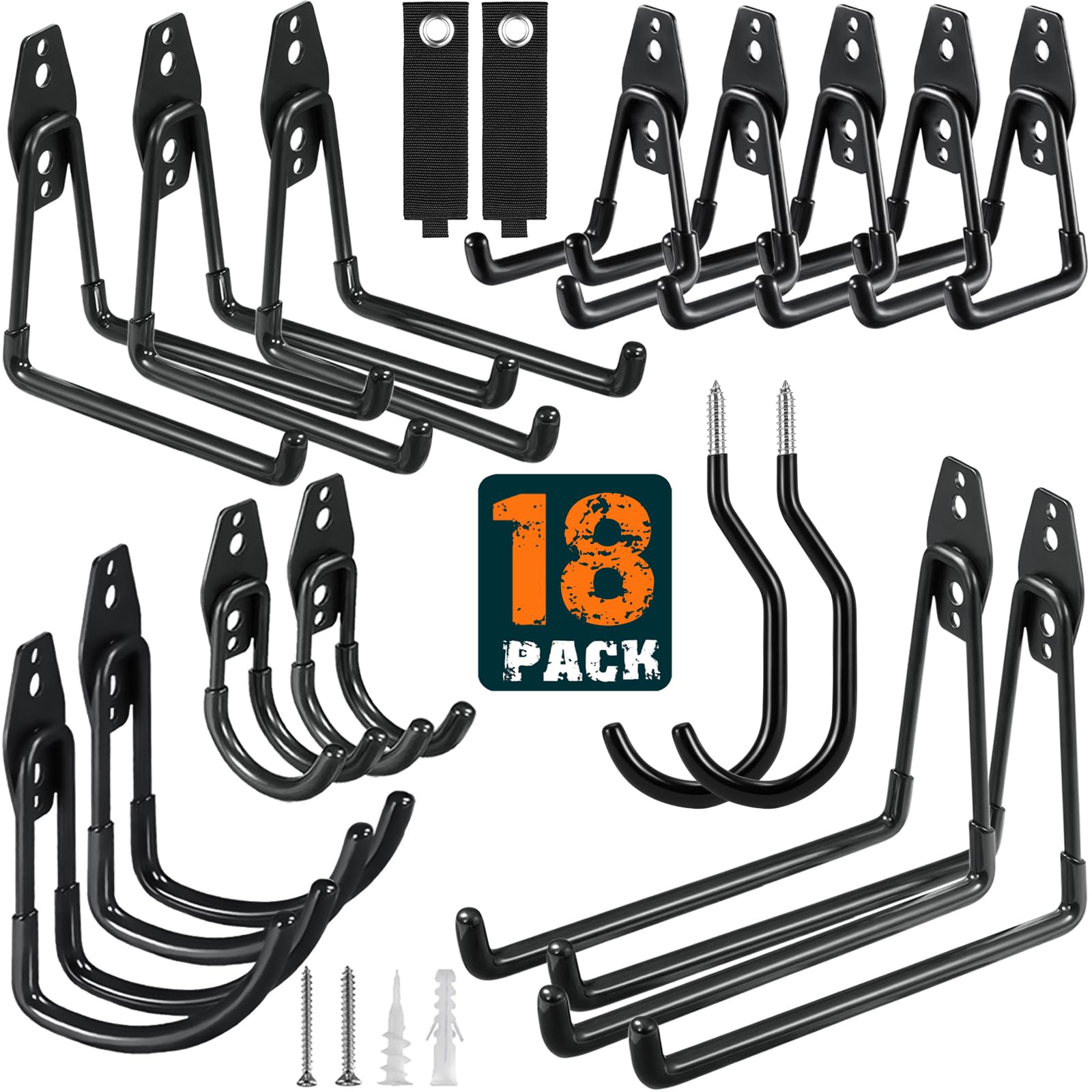 HUPBIPY 18-pack garage hooks with anti-slip coating securely hold tools.