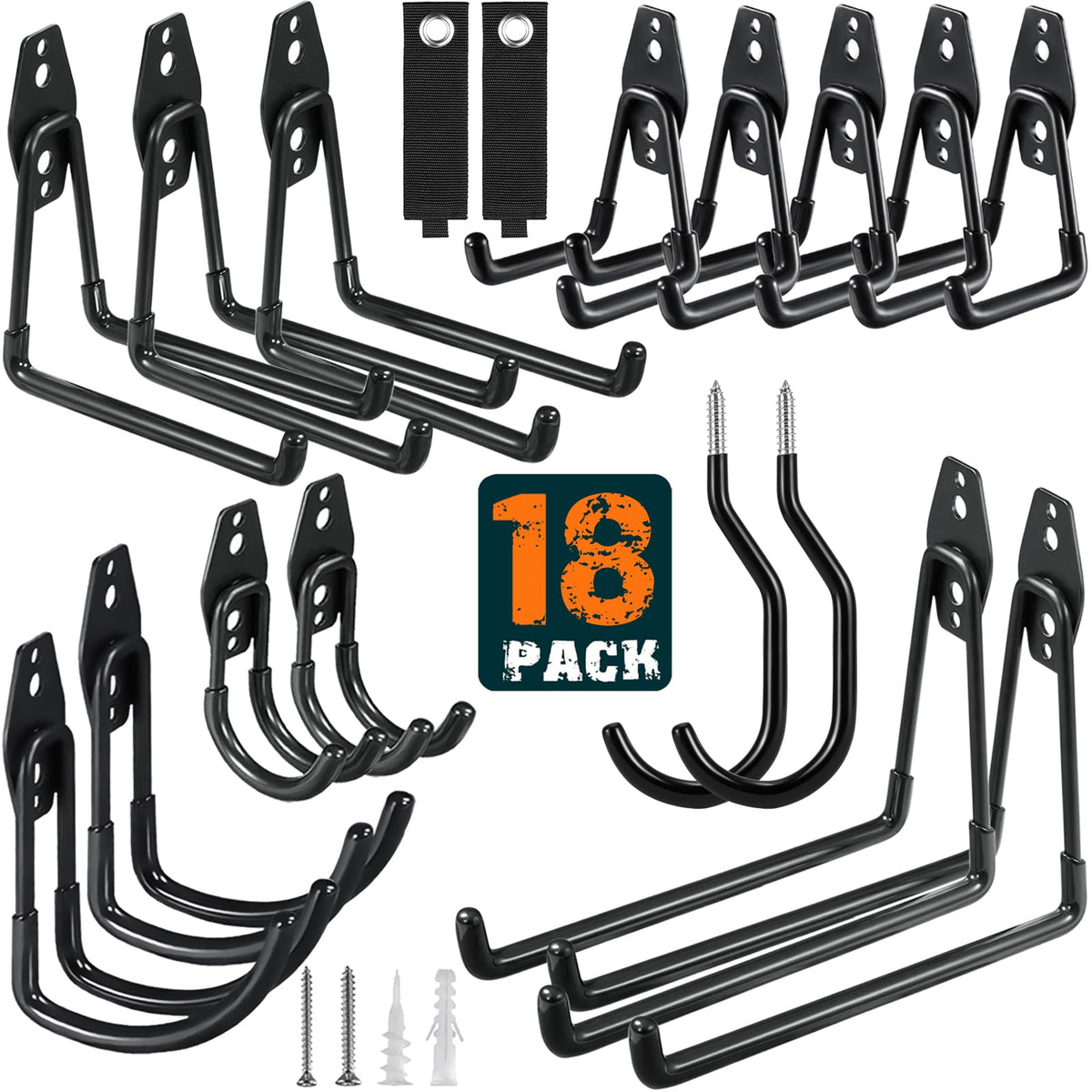 HUPBIPY 18-pack garage hooks with anti-slip coating securely hold tools.